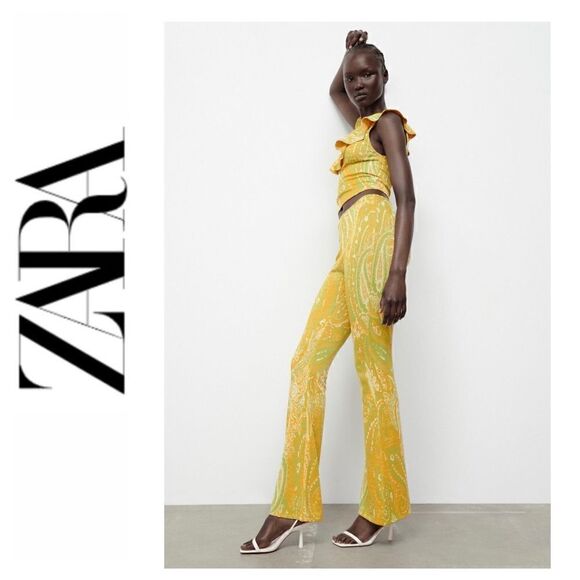 NWT Zara Yellow & Green Jacquard High Waisted Pull On Flare Pants, Size Medium - Picture 1 of 16